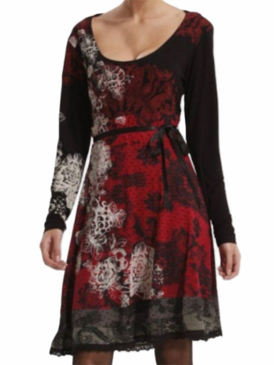 Desigual Dresses & Skirts - Desigual Lanoria Long Sleeve Midi Dress Size L Black Red Lace Detail Whimsigoth